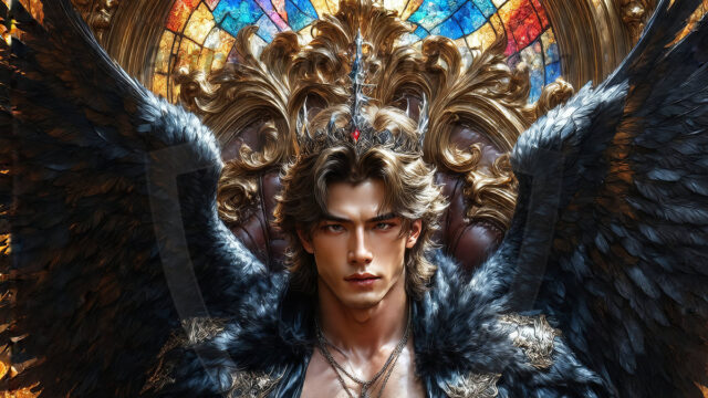 Vampires on Ornate Throne. A shirtless vampire male, wearing black leather pants, black leather boots, with glowing red eyes, sharp fangs, and prominent jawline. Sitting on a throne, a grand throne made of iron and silver, with a wall of skulls behind the throne, blood dripping from his red perky lips, with his dynamic pose. Strands of his vibrant black hair cascade around his face, blowing in the wind.