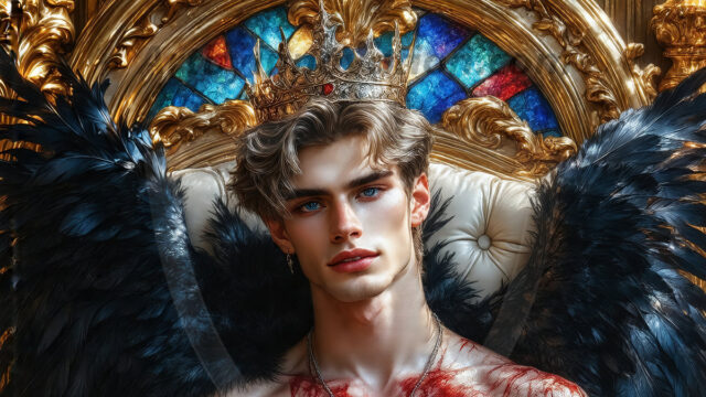 Vampires on Ornate Throne. A shirtless vampire male, wearing black leather pants, black leather boots, with glowing red eyes, sharp fangs, and prominent jawline. Sitting on a throne, a grand throne made of iron and silver, with a wall of skulls behind the throne, blood dripping from his red perky lips, with his dynamic pose. Strands of his vibrant black hair cascade around his face, blowing in the wind.