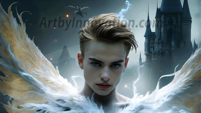 AI male art photos with a fantastical atmosphere. Imagine a Hogwarts School of Witchcraft student, from the Harry Potter series, a handsome, beautiful, and attractive, shirtless young teenage boy, standing firm against a threat. With a detailed Hogwarts castle background, casting a powerful spell, conjuring creatures based on their assigned house crest. From Demonic snakes, powerful lions, fierce badgers, or a murder of Crows. Dementors floating ominously in a cloudy sky, and sparks, shadows, and cinematic lighting, offering an otherworldly vibe.