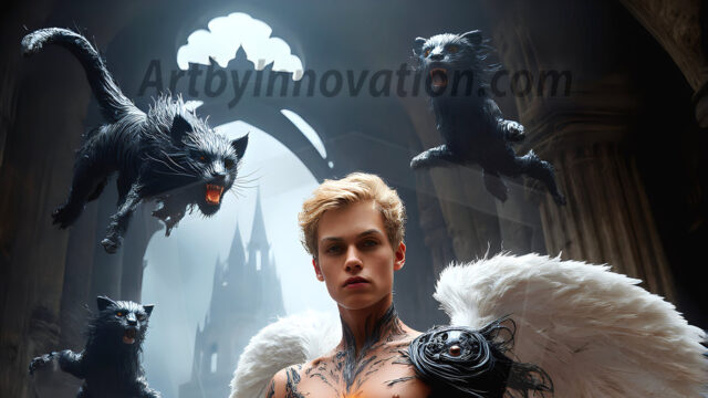 AI male art photos with a fantastical atmosphere. Imagine a Hogwarts School of Witchcraft student, from the Harry Potter series, a handsome, beautiful, and attractive, shirtless young teenage boy, standing firm against a threat. With a detailed Hogwarts castle background, casting a powerful spell, conjuring creatures based on their assigned house crest. From Demonic snakes, powerful lions, fierce badgers, or a murder of Crows. Dementors floating ominously in a cloudy sky, and sparks, shadows, and cinematic lighting, offering an otherworldly vibe.