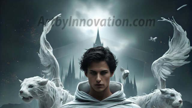 AI male art photos with a fantastical atmosphere. Imagine a Hogwarts School of Witchcraft student, from the Harry Potter series, a handsome, beautiful, and attractive, shirtless young teenage boy, standing firm against a threat. With a detailed Hogwarts castle background, casting a powerful spell, conjuring creatures based on their assigned house crest. From Demonic snakes, powerful lions, fierce badgers, or a murder of Crows. Dementors floating ominously in a cloudy sky, and sparks, shadows, and cinematic lighting, offering an otherworldly vibe.