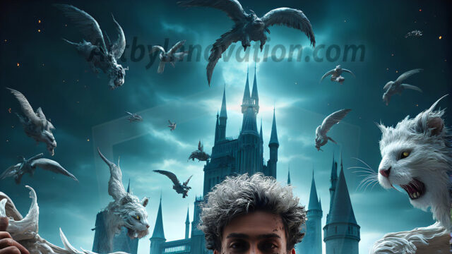 AI male art photos with a fantastical atmosphere. Imagine a Hogwarts School of Witchcraft student, from the Harry Potter series, a handsome, beautiful, and attractive, shirtless young teenage boy, standing firm against a threat. With a detailed Hogwarts castle background, casting a powerful spell, conjuring creatures based on their assigned house crest. From Demonic snakes, powerful lions, fierce badgers, or a murder of Crows. Dementors floating ominously in a cloudy sky, and sparks, shadows, and cinematic lighting, offering an otherworldly vibe.