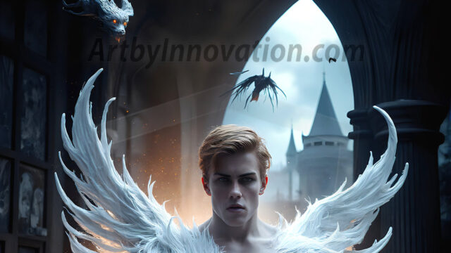 AI male art photos with a fantastical atmosphere. Imagine a Hogwarts School of Witchcraft student, from the Harry Potter series, a handsome, beautiful, and attractive, shirtless young teenage boy, standing firm against a threat. With a detailed Hogwarts castle background, casting a powerful spell, conjuring creatures based on their assigned house crest. From Demonic snakes, powerful lions, fierce badgers, or a murder of Crows. Dementors floating ominously in a cloudy sky, and sparks, shadows, and cinematic lighting, offering an otherworldly vibe.