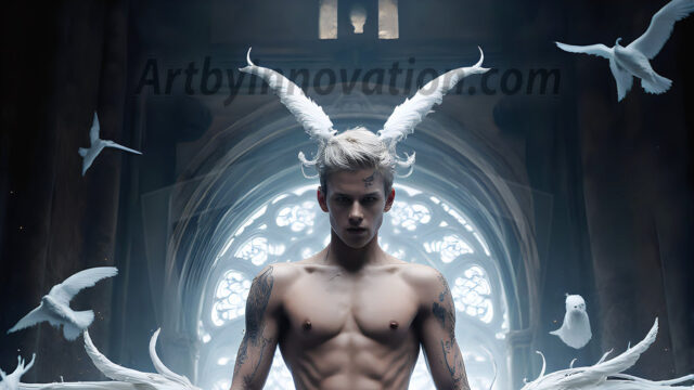 AI male art photos with a fantastical atmosphere. Imagine a Hogwarts School of Witchcraft student, from the Harry Potter series, a handsome, beautiful, and attractive, shirtless young teenage boy, standing firm against a threat. With a detailed Hogwarts castle background, casting a powerful spell, conjuring creatures based on their assigned house crest. From Demonic snakes, powerful lions, fierce badgers, or a murder of Crows. Dementors floating ominously in a cloudy sky, and sparks, shadows, and cinematic lighting, offering an otherworldly vibe.