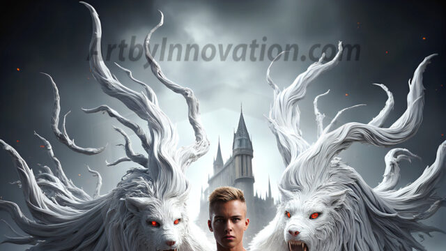 AI male art photos with a fantastical atmosphere. Imagine a Hogwarts School of Witchcraft student, from the Harry Potter series, a handsome, beautiful, and attractive, shirtless young teenage boy, standing firm against a threat. With a detailed Hogwarts castle background, casting a powerful spell, conjuring creatures based on their assigned house crest. From Demonic snakes, powerful lions, fierce badgers, or a murder of Crows. Dementors floating ominously in a cloudy sky, and sparks, shadows, and cinematic lighting, offering an otherworldly vibe.