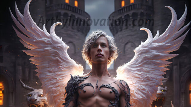 AI male art photos with a fantastical atmosphere. Imagine a Hogwarts School of Witchcraft student, from the Harry Potter series, a handsome, beautiful, and attractive, shirtless young teenage boy, standing firm against a threat. With a detailed Hogwarts castle background, casting a powerful spell, conjuring creatures based on their assigned house crest. From Demonic snakes, powerful lions, fierce badgers, or a murder of Crows. Dementors floating ominously in a cloudy sky, and sparks, shadows, and cinematic lighting, offering an otherworldly vibe.