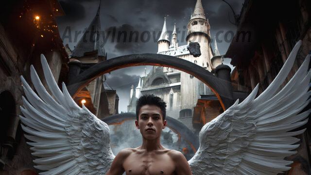 AI male art photos with a fantastical atmosphere. Imagine a Hogwarts School of Witchcraft student, from the Harry Potter series, a handsome, beautiful, and attractive, shirtless young teenage boy, standing firm against a threat. With a detailed Hogwarts castle background, casting a powerful spell, conjuring creatures based on their assigned house crest. From Demonic snakes, powerful lions, fierce badgers, or a murder of Crows. Dementors floating ominously in a cloudy sky, and sparks, shadows, and cinematic lighting, offering an otherworldly vibe.