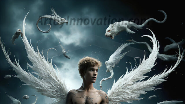 AI male art photos with a fantastical atmosphere. Imagine a Hogwarts School of Witchcraft student, from the Harry Potter series, a handsome, beautiful, and attractive, shirtless young teenage boy, standing firm against a threat. With a detailed Hogwarts castle background, casting a powerful spell, conjuring creatures based on their assigned house crest. From Demonic snakes, powerful lions, fierce badgers, or a murder of Crows. Dementors floating ominously in a cloudy sky, and sparks, shadows, and cinematic lighting, offering an otherworldly vibe.