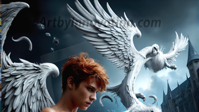 AI male art photos with a fantastical atmosphere. Imagine a Hogwarts School of Witchcraft student, from the Harry Potter series, a handsome, beautiful, and attractive, shirtless young teenage boy, standing firm against a threat. With a detailed Hogwarts castle background, casting a powerful spell, conjuring creatures based on their assigned house crest. From Demonic snakes, powerful lions, fierce badgers, or a murder of Crows. Dementors floating ominously in a cloudy sky, and sparks, shadows, and cinematic lighting, offering an otherworldly vibe.