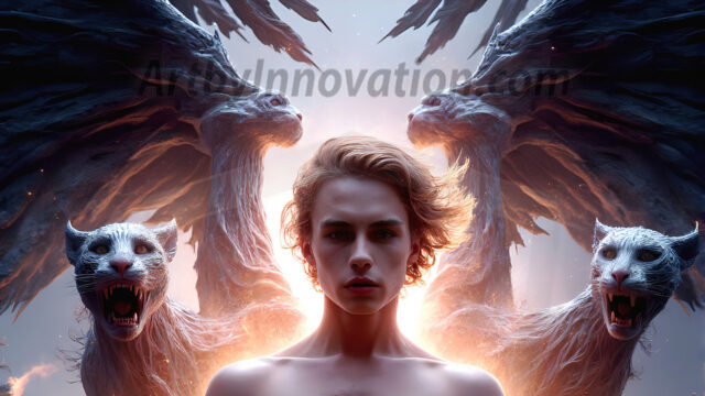 AI male art photos with a fantastical atmosphere. Imagine a Hogwarts School of Witchcraft student, from the Harry Potter series, a handsome, beautiful, and attractive, shirtless young teenage boy, standing firm against a threat. With a detailed Hogwarts castle background, casting a powerful spell, conjuring creatures based on their assigned house crest. From Demonic snakes, powerful lions, fierce badgers, or a murder of Crows. Dementors floating ominously in a cloudy sky, and sparks, shadows, and cinematic lighting, offering an otherworldly vibe.