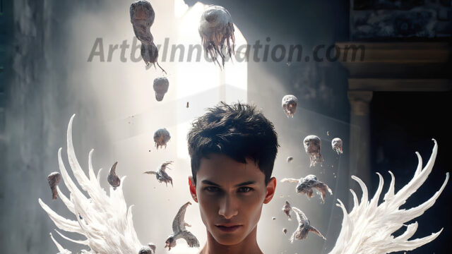 AI male art photos with a fantastical atmosphere. Imagine a Hogwarts School of Witchcraft student, from the Harry Potter series, a handsome, beautiful, and attractive, shirtless young teenage boy, standing firm against a threat. With a detailed Hogwarts castle background, casting a powerful spell, conjuring creatures based on their assigned house crest. From Demonic snakes, powerful lions, fierce badgers, or a murder of Crows. Dementors floating ominously in a cloudy sky, and sparks, shadows, and cinematic lighting, offering an otherworldly vibe.