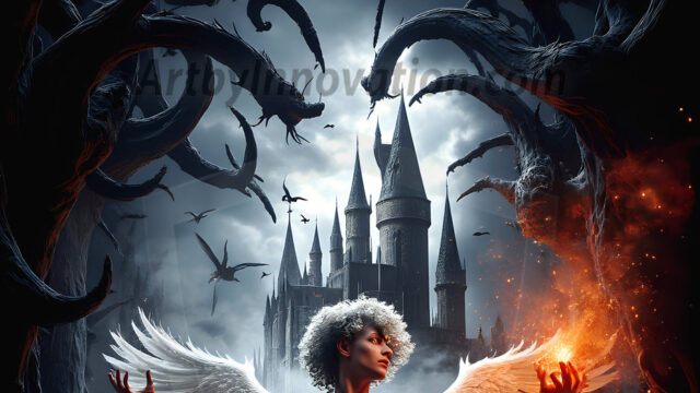 AI male art photos with a fantastical atmosphere. Imagine a Hogwarts School of Witchcraft student, from the Harry Potter series, a handsome, beautiful, and attractive, shirtless young teenage boy, standing firm against a threat. With a detailed Hogwarts castle background, casting a powerful spell, conjuring creatures based on their assigned house crest. From Demonic snakes, powerful lions, fierce badgers, or a murder of Crows. Dementors floating ominously in a cloudy sky, and sparks, shadows, and cinematic lighting, offering an otherworldly vibe.