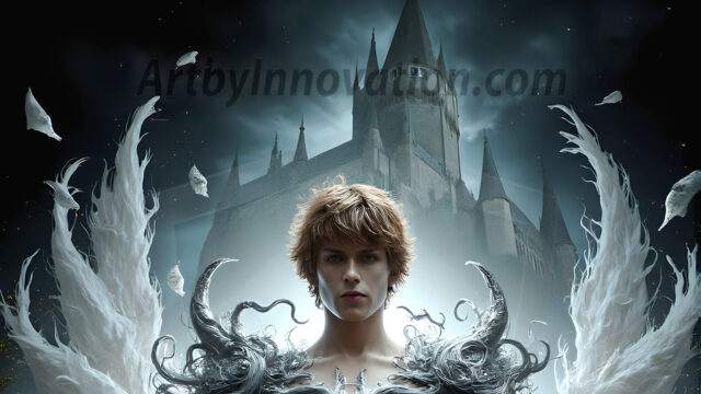 AI male art photos with a fantastical atmosphere. Imagine a Hogwarts School of Witchcraft student, from the Harry Potter series, a handsome, beautiful, and attractive, shirtless young teenage boy, standing firm against a threat. With a detailed Hogwarts castle background, casting a powerful spell, conjuring creatures based on their assigned house crest. From Demonic snakes, powerful lions, fierce badgers, or a murder of Crows. Dementors floating ominously in a cloudy sky, and sparks, shadows, and cinematic lighting, offering an otherworldly vibe.