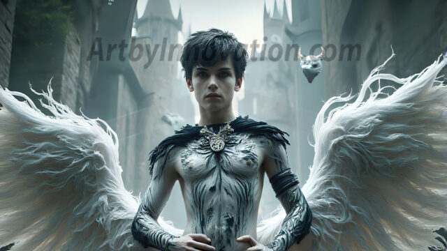 AI male art photos with a fantastical atmosphere. Imagine a Hogwarts School of Witchcraft student, from the Harry Potter series, a handsome, beautiful, and attractive, shirtless young teenage boy, standing firm against a threat. With a detailed Hogwarts castle background, casting a powerful spell, conjuring creatures based on their assigned house crest. From Demonic snakes, powerful lions, fierce badgers, or a murder of Crows. Dementors floating ominously in a cloudy sky, and sparks, shadows, and cinematic lighting, offering an otherworldly vibe.