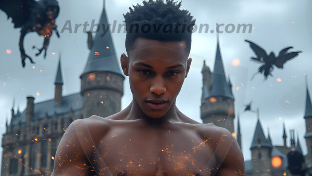AI male art photos with a fantastical atmosphere. Imagine a Hogwarts School of Witchcraft student, from the Harry Potter series, a handsome, beautiful, and attractive, shirtless young teenage boy, standing firm against a threat. With a detailed Hogwarts castle background, casting a powerful spell, conjuring creatures based on their assigned house crest. From Demonic snakes, powerful lions, fierce badgers, or a murder of Crows. Dementors floating ominously in a cloudy sky, and sparks, shadows, and cinematic lighting, offering an otherworldly vibe.