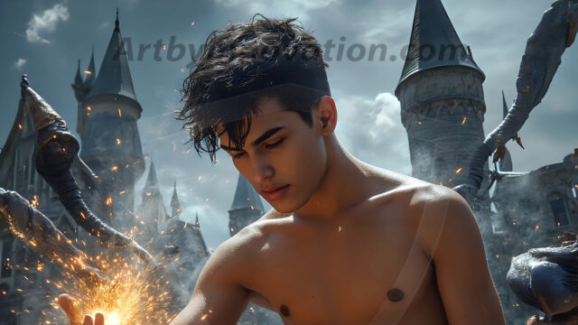 AI male art photos with a fantastical atmosphere. Imagine a Hogwarts School of Witchcraft student, from the Harry Potter series, a handsome, beautiful, and attractive, shirtless young teenage boy, standing firm against a threat. With a detailed Hogwarts castle background, casting a powerful spell, conjuring creatures based on their assigned house crest. From Demonic snakes, powerful lions, fierce badgers, or a murder of Crows. Dementors floating ominously in a cloudy sky, and sparks, shadows, and cinematic lighting, offering an otherworldly vibe.