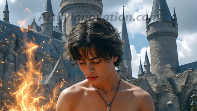 AI male art photos with a fantastical atmosphere. Imagine a Hogwarts School of Witchcraft student, from the Harry Potter series, a handsome, beautiful, and attractive, shirtless young teenage boy, standing firm against a threat. With a detailed Hogwarts castle background, casting a powerful spell, conjuring creatures based on their assigned house crest. From Demonic snakes, powerful lions, fierce badgers, or a murder of Crows. Dementors floating ominously in a cloudy sky, and sparks, shadows, and cinematic lighting, offering an otherworldly vibe.