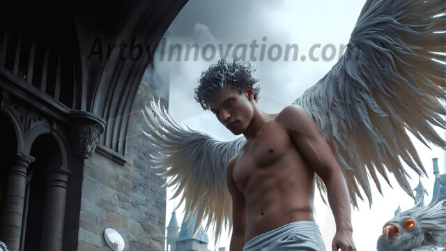 AI male art photos with a fantastical atmosphere. Imagine a Hogwarts School of Witchcraft student, from the Harry Potter series, a handsome, beautiful, and attractive, shirtless young teenage boy, standing firm against a threat. With a detailed Hogwarts castle background, casting a powerful spell, conjuring creatures based on their assigned house crest. From Demonic snakes, powerful lions, fierce badgers, or a murder of Crows. Dementors floating ominously in a cloudy sky, and sparks, shadows, and cinematic lighting, offering an otherworldly vibe.