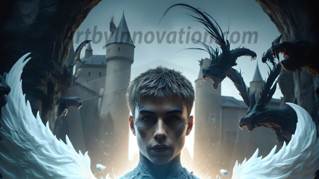 AI male art photos with a fantastical atmosphere. Imagine a Hogwarts School of Witchcraft student, from the Harry Potter series, a handsome, beautiful, and attractive, shirtless young teenage boy, standing firm against a threat. With a detailed Hogwarts castle background, casting a powerful spell, conjuring creatures based on their assigned house crest. From Demonic snakes, powerful lions, fierce badgers, or a murder of Crows. Dementors floating ominously in a cloudy sky, and sparks, shadows, and cinematic lighting, offering an otherworldly vibe.