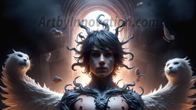 AI male art photos with a fantastical atmosphere. Imagine a Hogwarts School of Witchcraft student, from the Harry Potter series, a handsome, beautiful, and attractive, shirtless young teenage boy, standing firm against a threat. With a detailed Hogwarts castle background, casting a powerful spell, conjuring creatures based on their assigned house crest. From Demonic snakes, powerful lions, fierce badgers, or a murder of Crows. Dementors floating ominously in a cloudy sky, and sparks, shadows, and cinematic lighting, offering an otherworldly vibe.