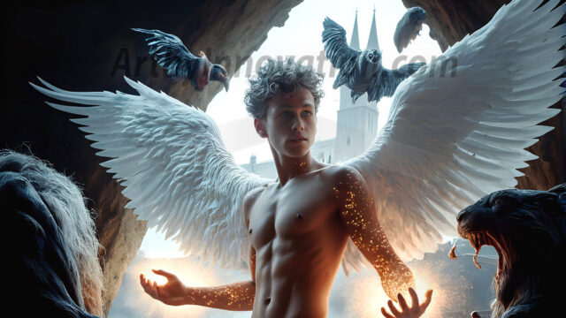 AI male art photos with a fantastical atmosphere. Imagine a Hogwarts School of Witchcraft student, from the Harry Potter series, a handsome, beautiful, and attractive, shirtless young teenage boy, standing firm against a threat. With a detailed Hogwarts castle background, casting a powerful spell, conjuring creatures based on their assigned house crest. From Demonic snakes, powerful lions, fierce badgers, or a murder of Crows. Dementors floating ominously in a cloudy sky, and sparks, shadows, and cinematic lighting, offering an otherworldly vibe.