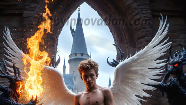 AI male art photos with a fantastical atmosphere. Imagine a Hogwarts School of Witchcraft student, from the Harry Potter series, a handsome, beautiful, and attractive, shirtless young teenage boy, standing firm against a threat. With a detailed Hogwarts castle background, casting a powerful spell, conjuring creatures based on their assigned house crest. From Demonic snakes, powerful lions, fierce badgers, or a murder of Crows. Dementors floating ominously in a cloudy sky, and sparks, shadows, and cinematic lighting, offering an otherworldly vibe.