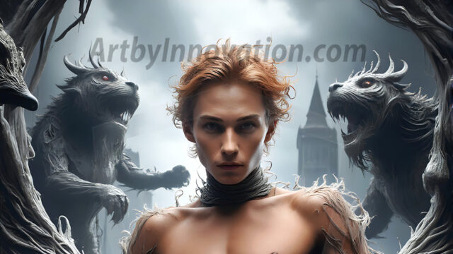 AI male art photos with a fantastical atmosphere. Imagine a Hogwarts School of Witchcraft student, from the Harry Potter series, a handsome, beautiful, and attractive, shirtless young teenage boy, standing firm against a threat. With a detailed Hogwarts castle background, casting a powerful spell, conjuring creatures based on their assigned house crest. From Demonic snakes, powerful lions, fierce badgers, or a murder of Crows. Dementors floating ominously in a cloudy sky, and sparks, shadows, and cinematic lighting, offering an otherworldly vibe.