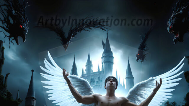 AI male art photos with a fantastical atmosphere. Imagine a Hogwarts School of Witchcraft student, from the Harry Potter series, a handsome, beautiful, and attractive, shirtless young teenage boy, standing firm against a threat. With a detailed Hogwarts castle background, casting a powerful spell, conjuring creatures based on their assigned house crest. From Demonic snakes, powerful lions, fierce badgers, or a murder of Crows. Dementors floating ominously in a cloudy sky, and sparks, shadows, and cinematic lighting, offering an otherworldly vibe.