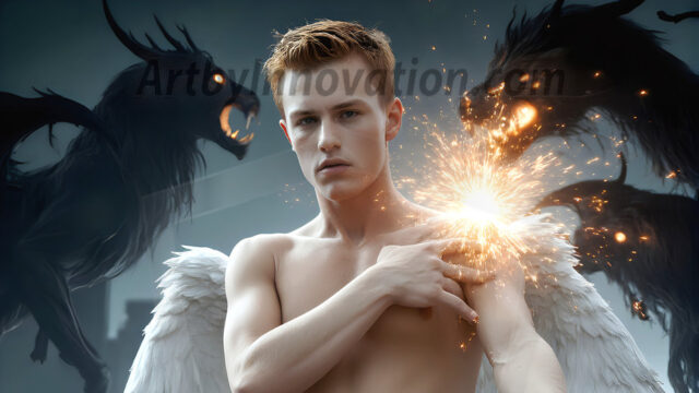 AI male art photos with a fantastical atmosphere. Imagine a Hogwarts School of Witchcraft student, from the Harry Potter series, a handsome, beautiful, and attractive, shirtless young teenage boy, standing firm against a threat. With a detailed Hogwarts castle background, casting a powerful spell, conjuring creatures based on their assigned house crest. From Demonic snakes, powerful lions, fierce badgers, or a murder of Crows. Dementors floating ominously in a cloudy sky, and sparks, shadows, and cinematic lighting, offering an otherworldly vibe.