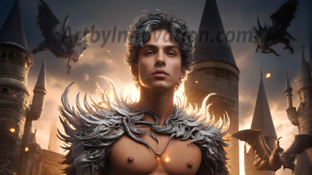AI male art photos with a fantastical atmosphere. Imagine a Hogwarts School of Witchcraft student, from the Harry Potter series, a handsome, beautiful, and attractive, shirtless young teenage boy, standing firm against a threat. With a detailed Hogwarts castle background, casting a powerful spell, conjuring creatures based on their assigned house crest. From Demonic snakes, powerful lions, fierce badgers, or a murder of Crows. Dementors floating ominously in a cloudy sky, and sparks, shadows, and cinematic lighting, offering an otherworldly vibe.