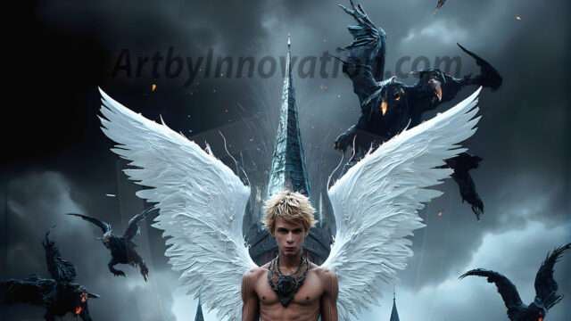 AI male art photos with a fantastical atmosphere. Imagine a Hogwarts School of Witchcraft student, from the Harry Potter series, a handsome, beautiful, and attractive, shirtless young teenage boy, standing firm against a threat. With a detailed Hogwarts castle background, casting a powerful spell, conjuring creatures based on their assigned house crest. From Demonic snakes, powerful lions, fierce badgers, or a murder of Crows. Dementors floating ominously in a cloudy sky, and sparks, shadows, and cinematic lighting, offering an otherworldly vibe.