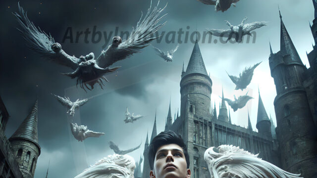 AI male art photos with a fantastical atmosphere. Imagine a Hogwarts School of Witchcraft student, from the Harry Potter series, a handsome, beautiful, and attractive, shirtless young teenage boy, standing firm against a threat. With a detailed Hogwarts castle background, casting a powerful spell, conjuring creatures based on their assigned house crest. From Demonic snakes, powerful lions, fierce badgers, or a murder of Crows. Dementors floating ominously in a cloudy sky, and sparks, shadows, and cinematic lighting, offering an otherworldly vibe.