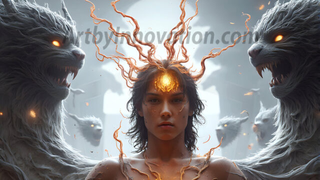 AI male art photos with a fantastical atmosphere. Imagine a Hogwarts School of Witchcraft student, from the Harry Potter series, a handsome, beautiful, and attractive, shirtless young teenage boy, standing firm against a threat. With a detailed Hogwarts castle background, casting a powerful spell, conjuring creatures based on their assigned house crest. From Demonic snakes, powerful lions, fierce badgers, or a murder of Crows. Dementors floating ominously in a cloudy sky, and sparks, shadows, and cinematic lighting, offering an otherworldly vibe.