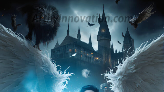 AI male art photos with a fantastical atmosphere. Imagine a Hogwarts School of Witchcraft student, from the Harry Potter series, a handsome, beautiful, and attractive, shirtless young teenage boy, standing firm against a threat. With a detailed Hogwarts castle background, casting a powerful spell, conjuring creatures based on their assigned house crest. From Demonic snakes, powerful lions, fierce badgers, or a murder of Crows. Dementors floating ominously in a cloudy sky, and sparks, shadows, and cinematic lighting, offering an otherworldly vibe.