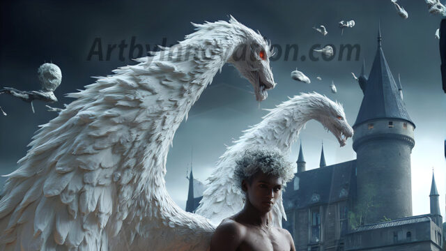 AI male art photos with a fantastical atmosphere. Imagine a Hogwarts School of Witchcraft student, from the Harry Potter series, a handsome, beautiful, and attractive, shirtless young teenage boy, standing firm against a threat. With a detailed Hogwarts castle background, casting a powerful spell, conjuring creatures based on their assigned house crest. From Demonic snakes, powerful lions, fierce badgers, or a murder of Crows. Dementors floating ominously in a cloudy sky, and sparks, shadows, and cinematic lighting, offering an otherworldly vibe.