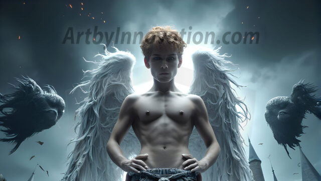 AI male art photos with a fantastical atmosphere. Imagine a Hogwarts School of Witchcraft student, from the Harry Potter series, a handsome, beautiful, and attractive, shirtless young teenage boy, standing firm against a threat. With a detailed Hogwarts castle background, casting a powerful spell, conjuring creatures based on their assigned house crest. From Demonic snakes, powerful lions, fierce badgers, or a murder of Crows. Dementors floating ominously in a cloudy sky, and sparks, shadows, and cinematic lighting, offering an otherworldly vibe.
