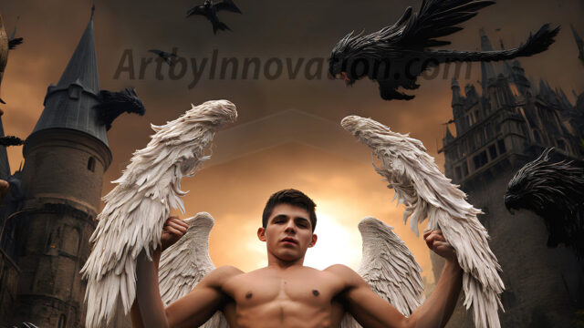 AI male art photos with a fantastical atmosphere. Imagine a Hogwarts School of Witchcraft student, from the Harry Potter series, a handsome, beautiful, and attractive, shirtless young teenage boy, standing firm against a threat. With a detailed Hogwarts castle background, casting a powerful spell, conjuring creatures based on their assigned house crest. From Demonic snakes, powerful lions, fierce badgers, or a murder of Crows. Dementors floating ominously in a cloudy sky, and sparks, shadows, and cinematic lighting, offering an otherworldly vibe.