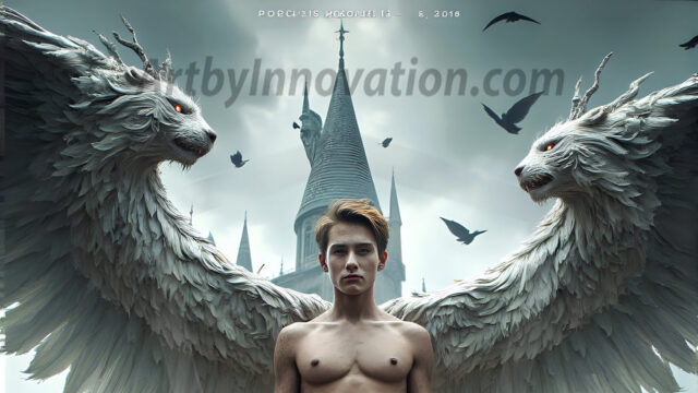 AI male art photos with a fantastical atmosphere. Imagine a Hogwarts School of Witchcraft student, from the Harry Potter series, a handsome, beautiful, and attractive, shirtless young teenage boy, standing firm against a threat. With a detailed Hogwarts castle background, casting a powerful spell, conjuring creatures based on their assigned house crest. From Demonic snakes, powerful lions, fierce badgers, or a murder of Crows. Dementors floating ominously in a cloudy sky, and sparks, shadows, and cinematic lighting, offering an otherworldly vibe.