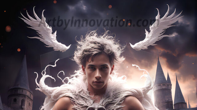 AI male art photos with a fantastical atmosphere. Imagine a Hogwarts School of Witchcraft student, from the Harry Potter series, a handsome, beautiful, and attractive, shirtless young teenage boy, standing firm against a threat. With a detailed Hogwarts castle background, casting a powerful spell, conjuring creatures based on their assigned house crest. From Demonic snakes, powerful lions, fierce badgers, or a murder of Crows. Dementors floating ominously in a cloudy sky, and sparks, shadows, and cinematic lighting, offering an otherworldly vibe.