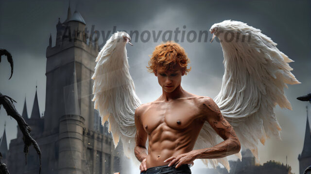 AI male art photos with a fantastical atmosphere. Imagine a Hogwarts School of Witchcraft student, from the Harry Potter series, a handsome, beautiful, and attractive, shirtless young teenage boy, standing firm against a threat. With a detailed Hogwarts castle background, casting a powerful spell, conjuring creatures based on their assigned house crest. From Demonic snakes, powerful lions, fierce badgers, or a murder of Crows. Dementors floating ominously in a cloudy sky, and sparks, shadows, and cinematic lighting, offering an otherworldly vibe.