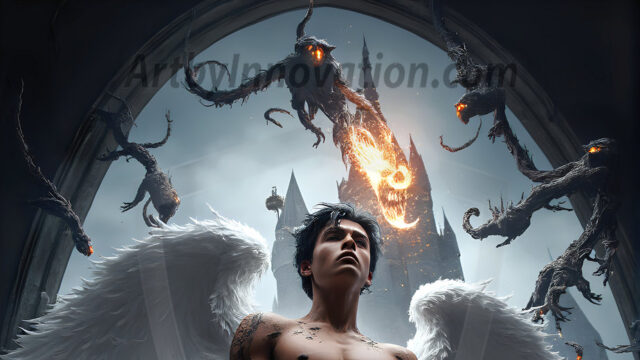 AI male art photos with a fantastical atmosphere. Imagine a Hogwarts School of Witchcraft student, from the Harry Potter series, a handsome, beautiful, and attractive, shirtless young teenage boy, standing firm against a threat. With a detailed Hogwarts castle background, casting a powerful spell, conjuring creatures based on their assigned house crest. From Demonic snakes, powerful lions, fierce badgers, or a murder of Crows. Dementors floating ominously in a cloudy sky, and sparks, shadows, and cinematic lighting, offering an otherworldly vibe.