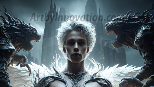 AI male art photos with a fantastical atmosphere. Imagine a Hogwarts School of Witchcraft student, from the Harry Potter series, a handsome, beautiful, and attractive, shirtless young teenage boy, standing firm against a threat. With a detailed Hogwarts castle background, casting a powerful spell, conjuring creatures based on their assigned house crest. From Demonic snakes, powerful lions, fierce badgers, or a murder of Crows. Dementors floating ominously in a cloudy sky, and sparks, shadows, and cinematic lighting, offering an otherworldly vibe.