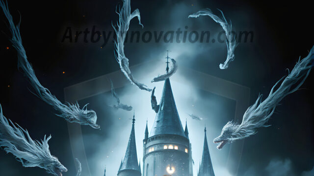 AI male art photos with a fantastical atmosphere. Imagine a Hogwarts School of Witchcraft student, from the Harry Potter series, a handsome, beautiful, and attractive, shirtless young teenage boy, standing firm against a threat. With a detailed Hogwarts castle background, casting a powerful spell, conjuring creatures based on their assigned house crest. From Demonic snakes, powerful lions, fierce badgers, or a murder of Crows. Dementors floating ominously in a cloudy sky, and sparks, shadows, and cinematic lighting, offering an otherworldly vibe.