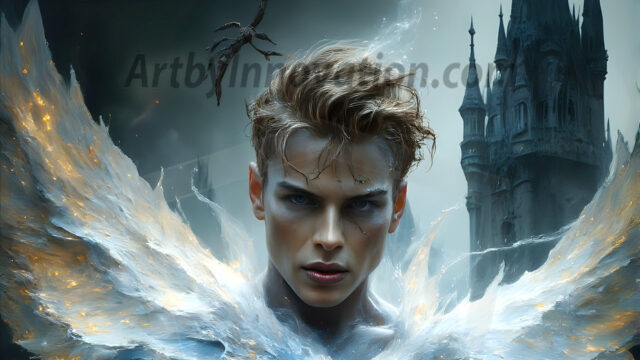 AI male art photos with a fantastical atmosphere. Imagine a Hogwarts School of Witchcraft student, from the Harry Potter series, a handsome, beautiful, and attractive, shirtless young teenage boy, standing firm against a threat. With a detailed Hogwarts castle background, casting a powerful spell, conjuring creatures based on their assigned house crest. From Demonic snakes, powerful lions, fierce badgers, or a murder of Crows. Dementors floating ominously in a cloudy sky, and sparks, shadows, and cinematic lighting, offering an otherworldly vibe.