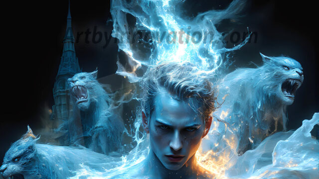 AI male art photos with a fantastical atmosphere. Imagine a Hogwarts School of Witchcraft student, from the Harry Potter series, a handsome, beautiful, and attractive, shirtless young teenage boy, standing firm against a threat. With a detailed Hogwarts castle background, casting a powerful spell, conjuring creatures based on their assigned house crest. From Demonic snakes, powerful lions, fierce badgers, or a murder of Crows. Dementors floating ominously in a cloudy sky, and sparks, shadows, and cinematic lighting, offering an otherworldly vibe.