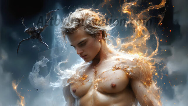 AI male art photos with a fantastical atmosphere. Imagine a Hogwarts School of Witchcraft student, from the Harry Potter series, a handsome, beautiful, and attractive, shirtless young teenage boy, standing firm against a threat. With a detailed Hogwarts castle background, casting a powerful spell, conjuring creatures based on their assigned house crest. From Demonic snakes, powerful lions, fierce badgers, or a murder of Crows. Dementors floating ominously in a cloudy sky, and sparks, shadows, and cinematic lighting, offering an otherworldly vibe.