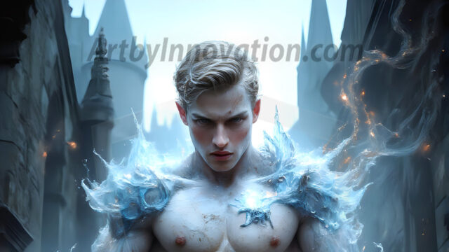 AI male art photos with a fantastical atmosphere. Imagine a Hogwarts School of Witchcraft student, from the Harry Potter series, a handsome, beautiful, and attractive, shirtless young teenage boy, standing firm against a threat. With a detailed Hogwarts castle background, casting a powerful spell, conjuring creatures based on their assigned house crest. From Demonic snakes, powerful lions, fierce badgers, or a murder of Crows. Dementors floating ominously in a cloudy sky, and sparks, shadows, and cinematic lighting, offering an otherworldly vibe.