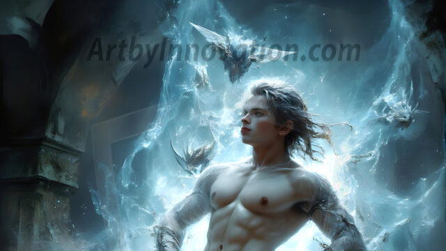 AI male art photos with a fantastical atmosphere. Imagine a Hogwarts School of Witchcraft student, from the Harry Potter series, a handsome, beautiful, and attractive, shirtless young teenage boy, standing firm against a threat. With a detailed Hogwarts castle background, casting a powerful spell, conjuring creatures based on their assigned house crest. From Demonic snakes, powerful lions, fierce badgers, or a murder of Crows. Dementors floating ominously in a cloudy sky, and sparks, shadows, and cinematic lighting, offering an otherworldly vibe.