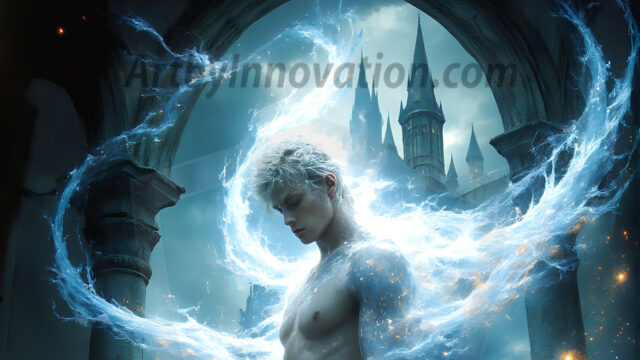 AI male art photos with a fantastical atmosphere. Imagine a Hogwarts School of Witchcraft student, from the Harry Potter series, a handsome, beautiful, and attractive, shirtless young teenage boy, standing firm against a threat. With a detailed Hogwarts castle background, casting a powerful spell, conjuring creatures based on their assigned house crest. From Demonic snakes, powerful lions, fierce badgers, or a murder of Crows. Dementors floating ominously in a cloudy sky, and sparks, shadows, and cinematic lighting, offering an otherworldly vibe.