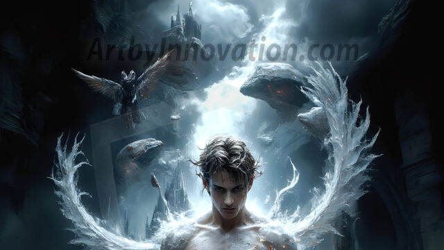 AI male art photos with a fantastical atmosphere. Imagine a Hogwarts School of Witchcraft student, from the Harry Potter series, a handsome, beautiful, and attractive, shirtless young teenage boy, standing firm against a threat. With a detailed Hogwarts castle background, casting a powerful spell, conjuring creatures based on their assigned house crest. From Demonic snakes, powerful lions, fierce badgers, or a murder of Crows. Dementors floating ominously in a cloudy sky, and sparks, shadows, and cinematic lighting, offering an otherworldly vibe.